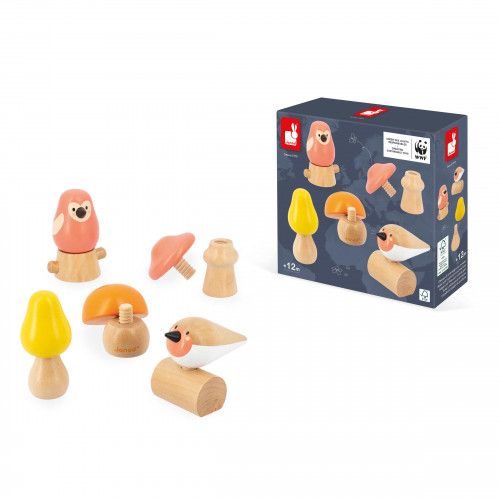 Oiseaux et champignons à visser en bois, jeu motricité fine bébé, 5 pièces bois FSC, pour bébé enfant dès 18 mois JANOD et WWF