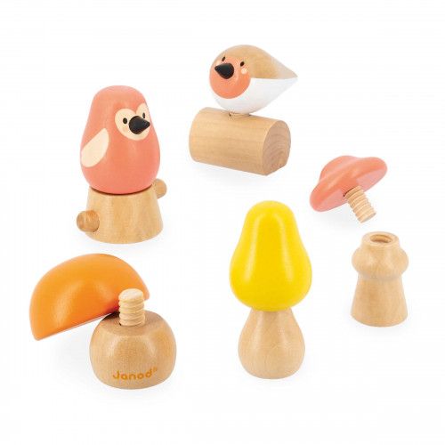 Oiseaux et champignons à visser en bois, jeu motricité fine bébé, 5 pièces bois FSC, pour bébé enfant dès 18 mois JANOD et WWF