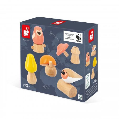 Oiseaux et champignons à visser en bois, jeu motricité fine bébé, 5 pièces bois FSC, pour bébé enfant dès 18 mois JANOD et WWF