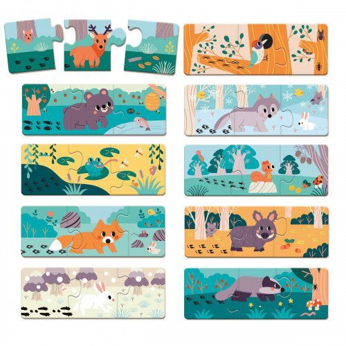 Lot 10 puzzles animaux carton FSC, Made in France, puzzles empreintes animaux 3 pièces, pour bébé enfant dès 2 ans JANOD et WWF