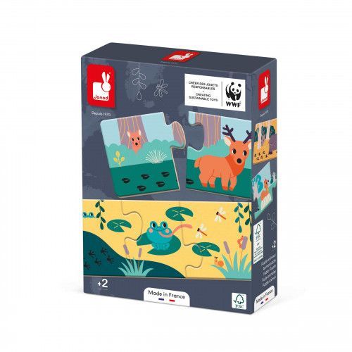 Lot 10 puzzles animaux carton FSC, Made in France, puzzles empreintes animaux 3 pièces, pour bébé enfant dès 2 ans JANOD et WWF