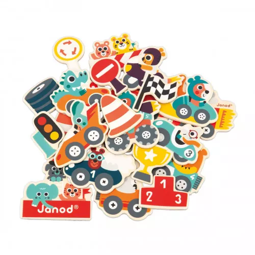 Lot 24 magnets véhicules en bois FSC, voitures animaux, aimants pour tableau enfant dès 2 ans JANOD