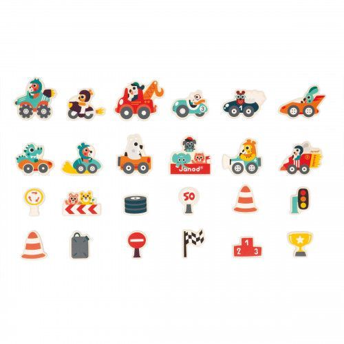 Lot 24 magnets véhicules en bois FSC, voitures animaux, aimants pour tableau enfant dès 2 ans JANOD