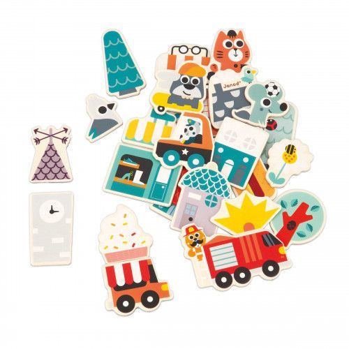 Lot 24 magnets ville en bois FSC, voitures animaux, aimants pour tableau enfant dès 2 ans JANOD