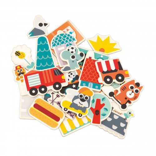 Lot 24 magnets ville en bois FSC, voitures animaux, aimants pour tableau enfant dès 2 ans JANOD