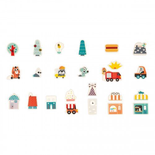 Lot 24 magnets ville en bois FSC, voitures animaux, aimants pour tableau enfant dès 2 ans JANOD