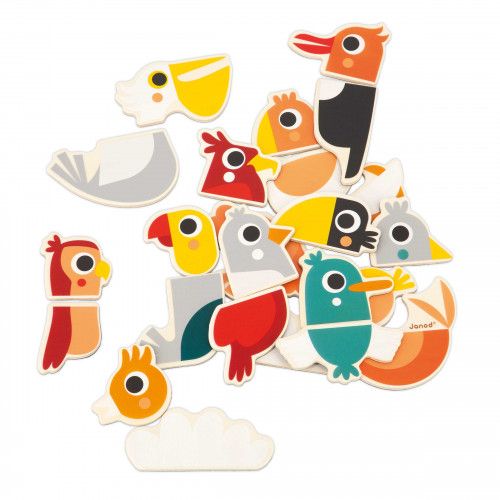 Lot 24 magnets oiseaux en bois FSC, jeu de mix & match, aimants pour tableau enfant dès 2 ans JANOD