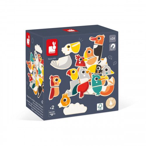 Lot 24 magnets oiseaux en bois FSC, jeu de mix & match, aimants pour tableau enfant dès 2 ans JANOD