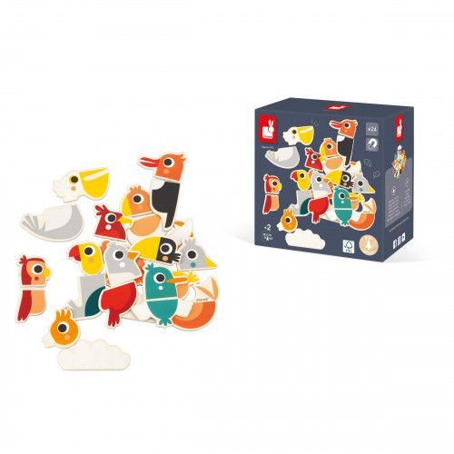 Lot 24 magnets oiseaux en bois FSC, jeu de mix & match, aimants pour tableau enfant dès 2 ans JANOD