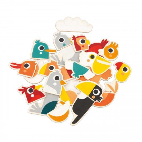 Lot 24 magnets oiseaux en bois FSC, jeu de mix & match, aimants pour tableau enfant dès 2 ans JANOD