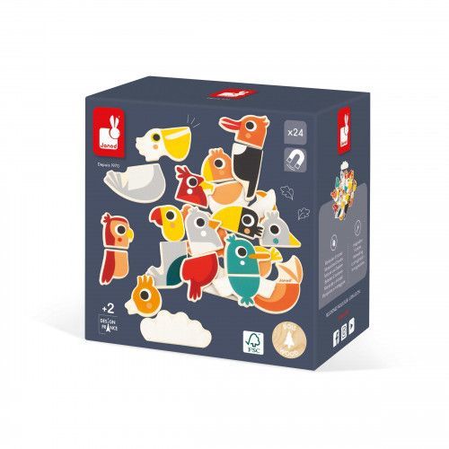 Lot 24 magnets oiseaux en bois FSC, jeu de mix & match, aimants pour tableau enfant dès 2 ans JANOD