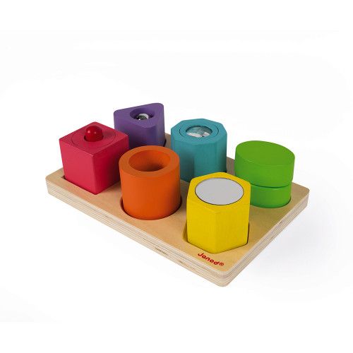 Puzzle 6 cubes sensoriels en bois, motricité éveil toucher, multicolore, pour enfant à partir de 12 mois JANOD