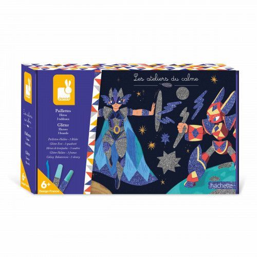 Loisir créatif pour enfant dès 6 ans, activité paillettes, thème héros, kit créatif Les Ateliers du Calme Hachette x JANOD