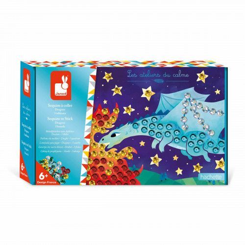 Loisir créatif pour enfant dès 6 ans, activité sequins, thème dragons, kit créatif Les Ateliers du Calme Hachette x JANOD