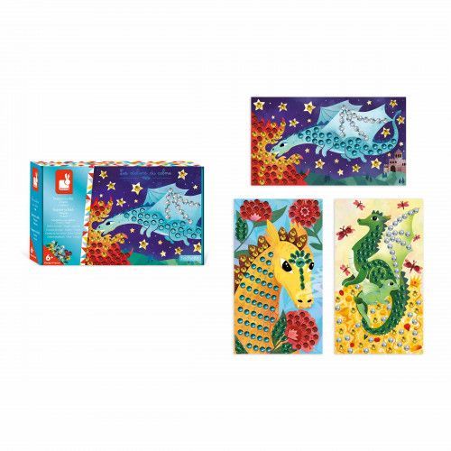 Loisir créatif pour enfant dès 6 ans, activité sequins, thème dragons, kit créatif Les Ateliers du Calme Hachette x JANOD