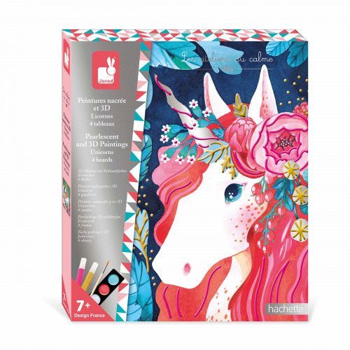 Loisir créatif pour enfant dès 7 ans, peinture nacrée et 3D, thème licorne, kit créatif Les Ateliers du Calme Hachette x JANOD