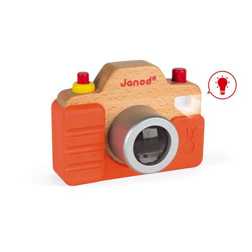 Appareil Photo Sonore en bois et silicone, imitation, éveil sonore musical, caméra, orange, pour enfant dès 18 mois JANOD