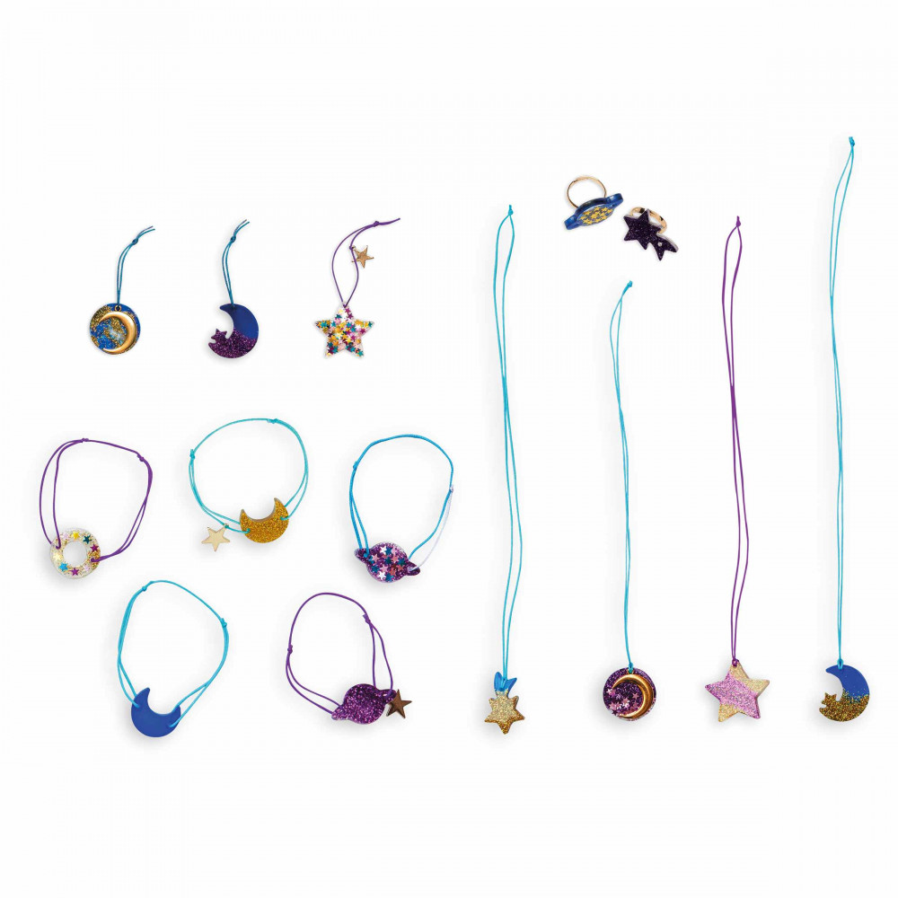 Janod - 16-Piece Lucky Stone Jewellery Set - 3 Necklaces and 13 Bracelets - Les Ateliers Bijoux - Children's Arts & Crafts Kit - Dexterity and Concentration - 8 Years + - J07938