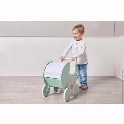 Landau en bois pour poupon, poussette, mobilier poupon, landau vert, jouet imitation pour bébé et enfant dès 18 mois JANOD