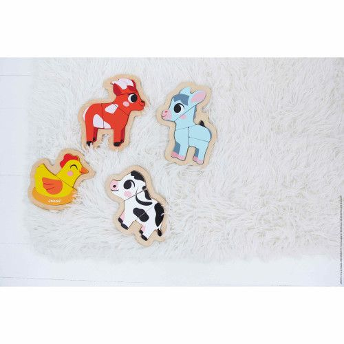 Lot 4 puzzles en bois pour bébé, puzzles évolutifs de 2 à 5 pièces animaux ferme, FSC, motricité bébé enfant dès 18 mois JANOD