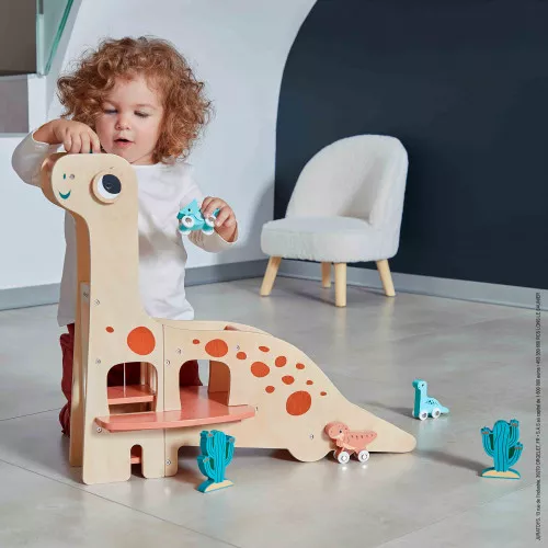 Garage en bois dinosaure, 4 véhicules + accessoires, garage dino Diplodocus, pour bébé et enfant à partir de 2 ans JANOD