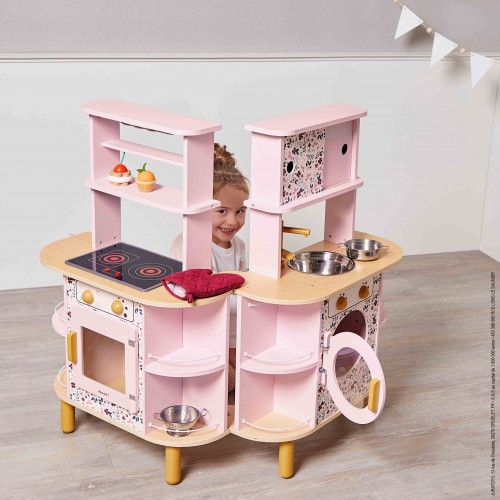 Cuisine en bois, cuisine jouet, dinette + 8 accessoires, sonore + lumineuse, cuisine ouverte double face, enfant dès 3 ans JANOD