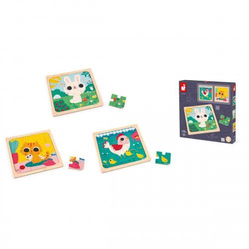 Lot 3 puzzles Trio en bois bébé, puzzles 9 pièces animaux, FSC, motricité bébé enfant dès 18 mois JANOD