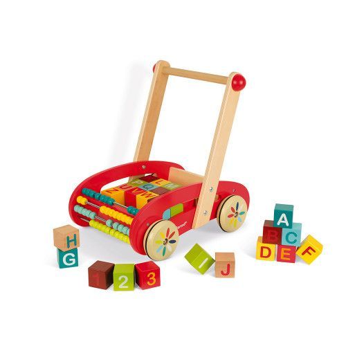 Chariot ABC Buggy Tatoo - 30 cubes en bois, marche, éveil motricité, boulier, pour enfant à partir de 12 mois JANOD