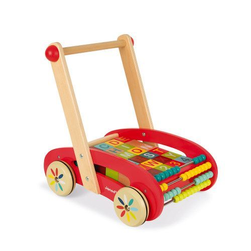 Chariot ABC Buggy Tatoo - 30 cubes en bois, marche, éveil motricité, boulier, pour enfant à partir de 12 mois JANOD