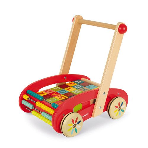 Chariot ABC Buggy Tatoo - 30 cubes en bois, marche, éveil motricité, boulier, pour enfant à partir de 12 mois JANOD