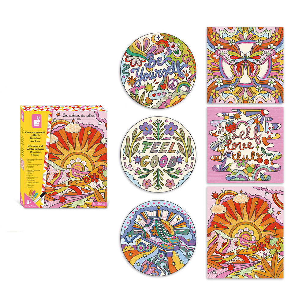 Janod Kit Pailletés Dreamland – 6 Tableaux à Paillettes + Feutres – Loisirs Créatifs Enfant 3 Ans+