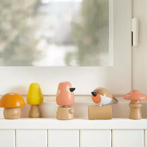 Oiseaux et champignons à visser en bois, jeu motricité fine bébé, 5 pièces bois FSC, pour bébé enfant dès 18 mois JANOD et WWF