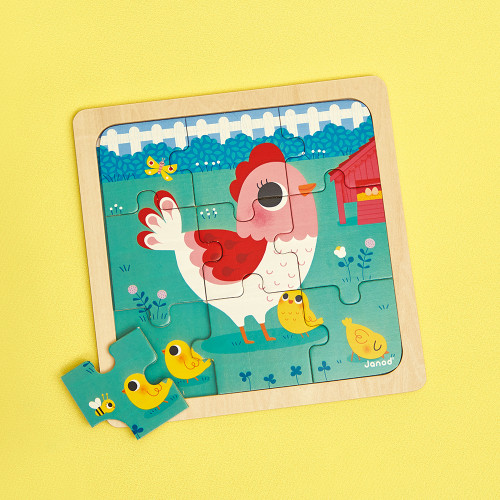 Puzzle bois bébé, puzzle 9 pièces Poulette Henriette, FSC, motricité bébé enfant dès 18 mois JANOD