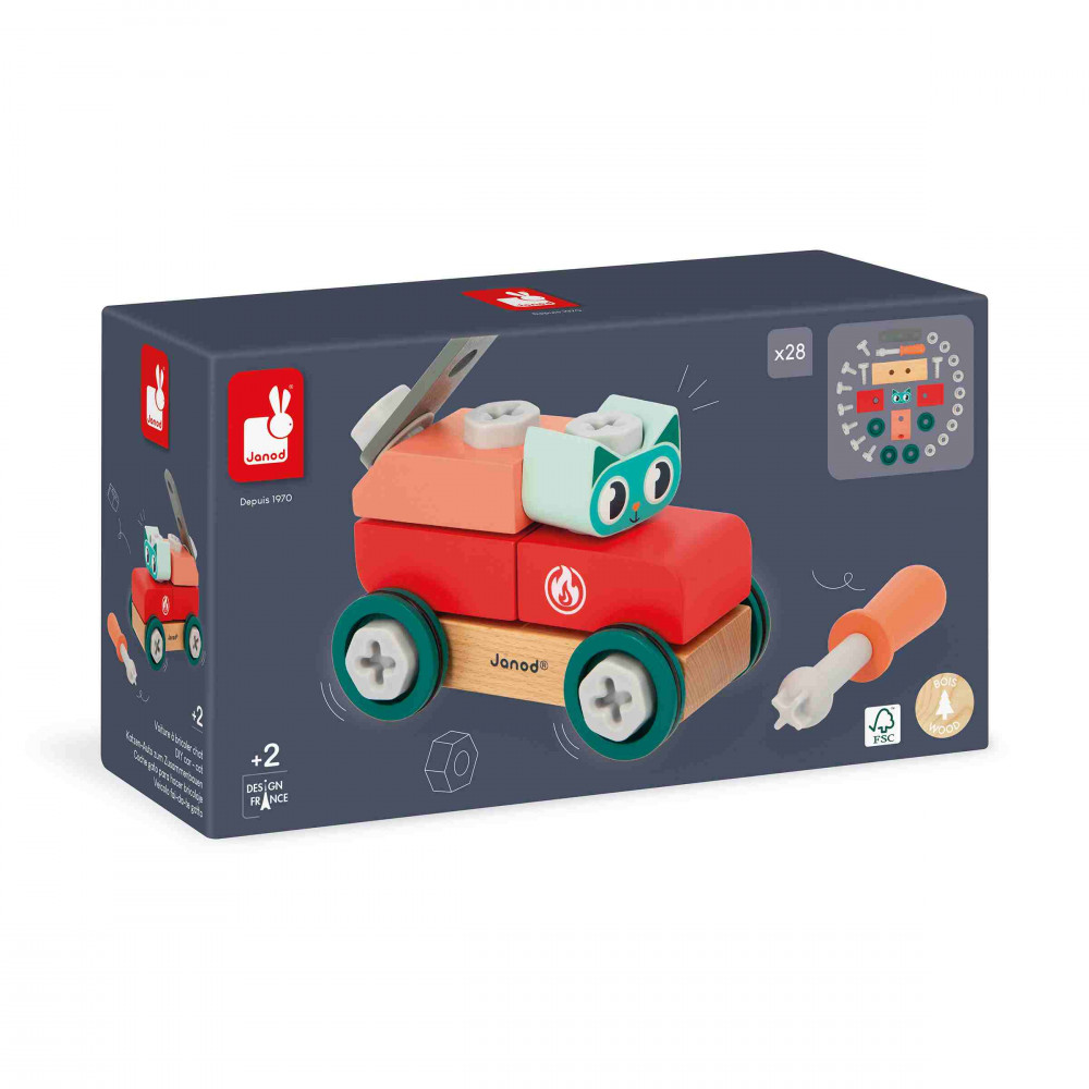Voiture à Bricoler Chat Janod Brico'Kids - Jeu Construction Bois 2 Ans | 27 Pièces + Tournevis