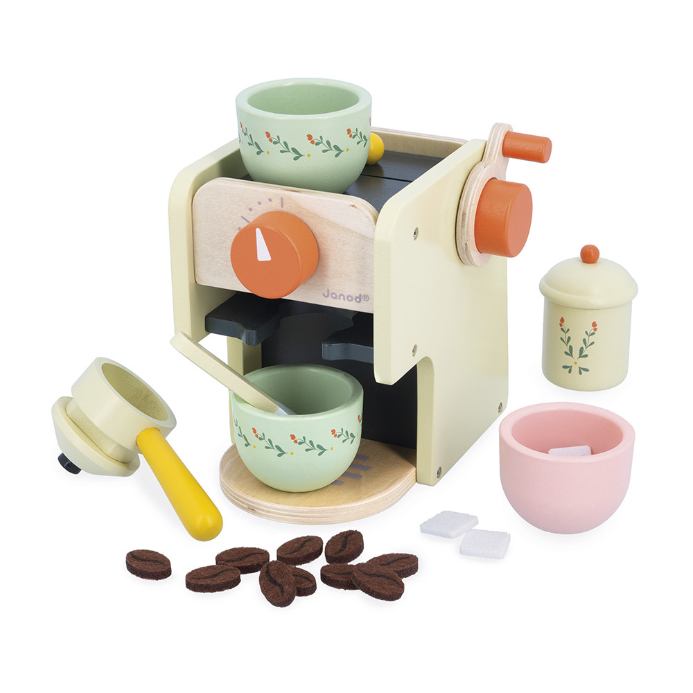 Janod Set Du Petit Déjeuner - Machine à Café En Bois Avec 14 Accessoires - Jouet Cuisine Pour Enfants Dès 3 Ans