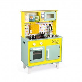 Janod - Cocina grande Mozaïc - Cocina de juego para niños - Cocina infantil  con sonido y luz - Cocina de madera con 3 accesorios + 3 cajas de comida 