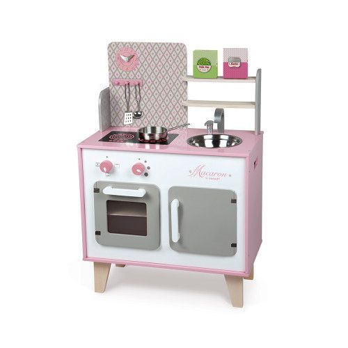 Cuisine Macaron en bois rose blanc 5 accessoires pour enfant à partir de 3 ans