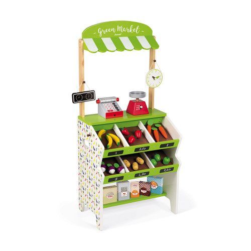 Épicerie Green Market en bois 32 accessoires marchande vert blanc pour enfant à partir de 3 ans