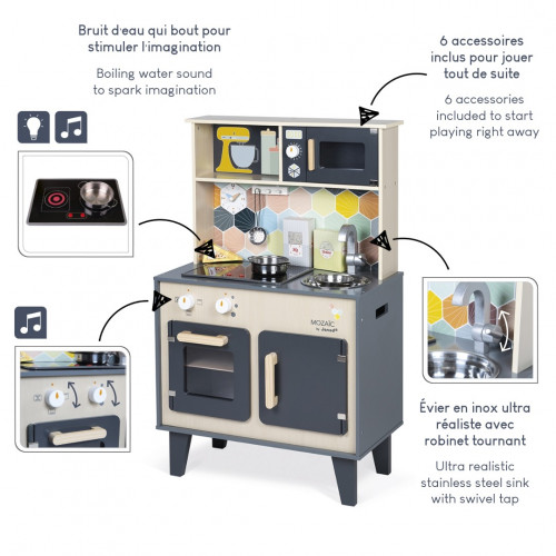 Grande Cuisine Mozaïc en bois, imitation dinette marchande, sonore et lumineuse, 6 accessoires, pour enfant dès 3 ans JANOD