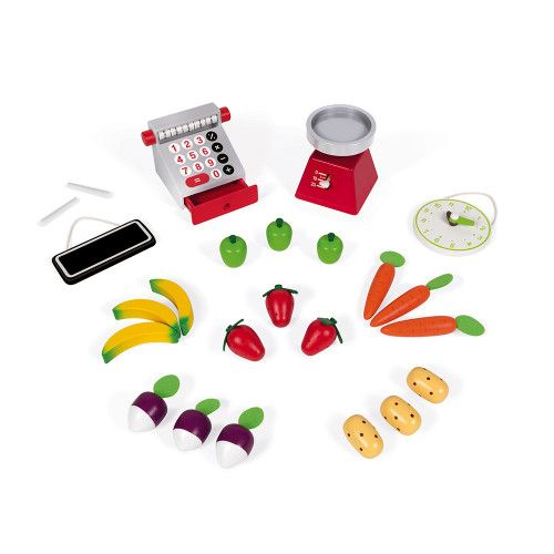 Épicerie Green Market en bois 32 accessoires marchande vert blanc pour enfant à partir de 3 ans