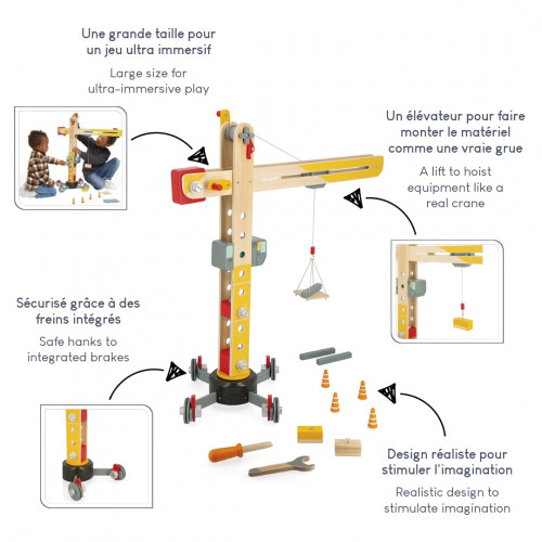 Grue en bois FSC pour enfant dès 3 ans, 10 accessoires et 2 outils, jaune et rouge, engins et bricolage, JANOD