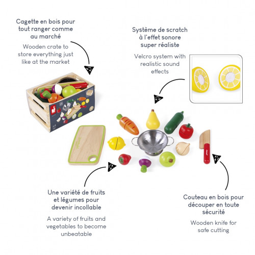 Maxi Set - Fruits et légumes à découper Green Market en bois 12 pièces pour enfant à partir de 3 ans