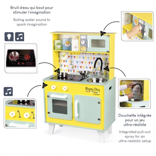 Grande Cuisine Happy Day en bois sonore lumineuse 7 accessoires enfant à partir de 3 ans