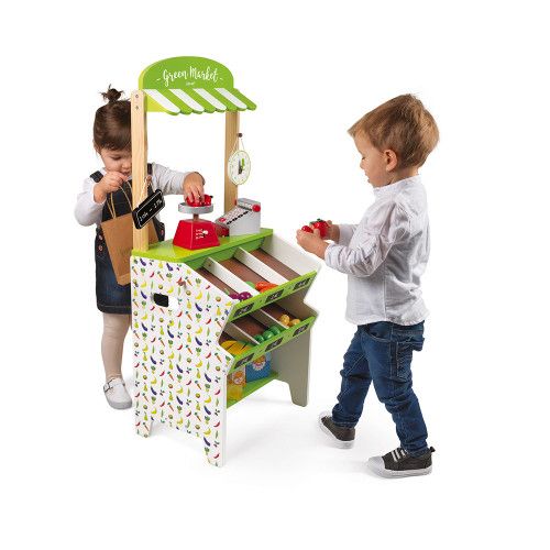 Épicerie Green Market en bois 32 accessoires marchande vert blanc pour enfant à partir de 3 ans