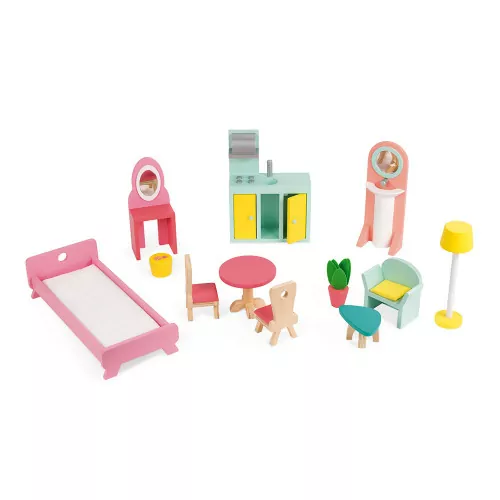 Maison de poupées Happy Day en bois, 12 accessoires, 3 étages, pour enfant à partir de 3 ans JANOD