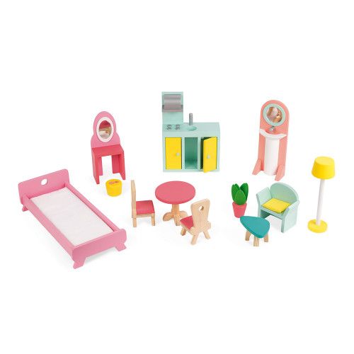 Maison de poupées Happy Day en bois, 12 accessoires, 3 étages, pour enfant à partir de 3 ans JANOD