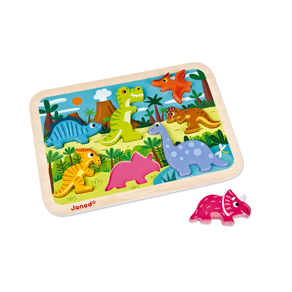 Chunky Puzzle Dinosaurs 7 pieces (wood) : Toddler wooden puzzles Janod -  J07054