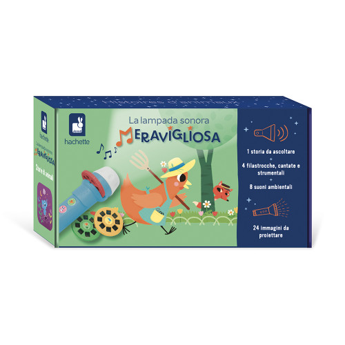 Lampe sonore  projection d'image pour enfant dès 3 ans, 1 histoires, 4 comptines , 8 sons, Version italienne thème animaux JANOD