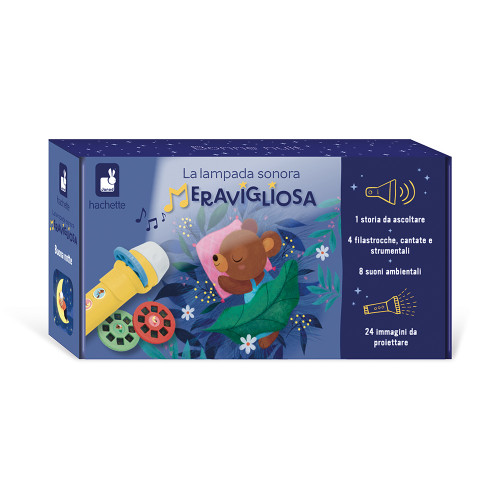 Lampe sonore à projection d'image pour enfant dès 3 ans, 1 histoires, 4 comptines, 8 sons, Version italienne thème nuit JANOD