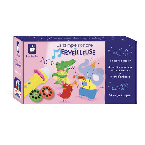 Lampe sonore à projection d'image pour enfant dès 3 ans, 1 histoires, 4 comptines, 8 sons, Version française thème fête JANOD